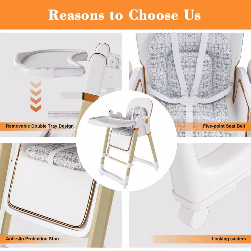 Convertible Baby High Chair and Rocker with Foldable Frame and Locking Wheels