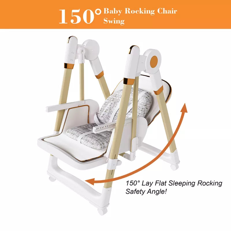 Convertible Baby High Chair and Rocker with Foldable Frame and Locking Wheels