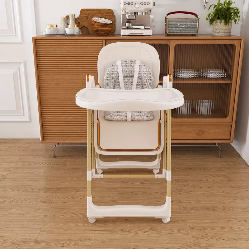Convertible Baby High Chair and Rocker with Foldable Frame and Locking Wheels