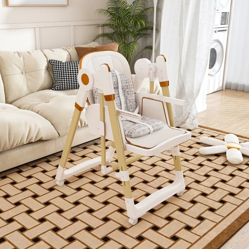 Convertible Baby High Chair and Rocker with Foldable Frame and Locking Wheels
