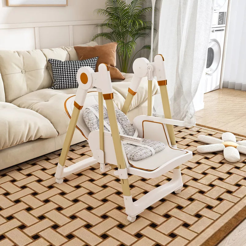 Convertible Baby High Chair and Rocker with Foldable Frame and Locking Wheels