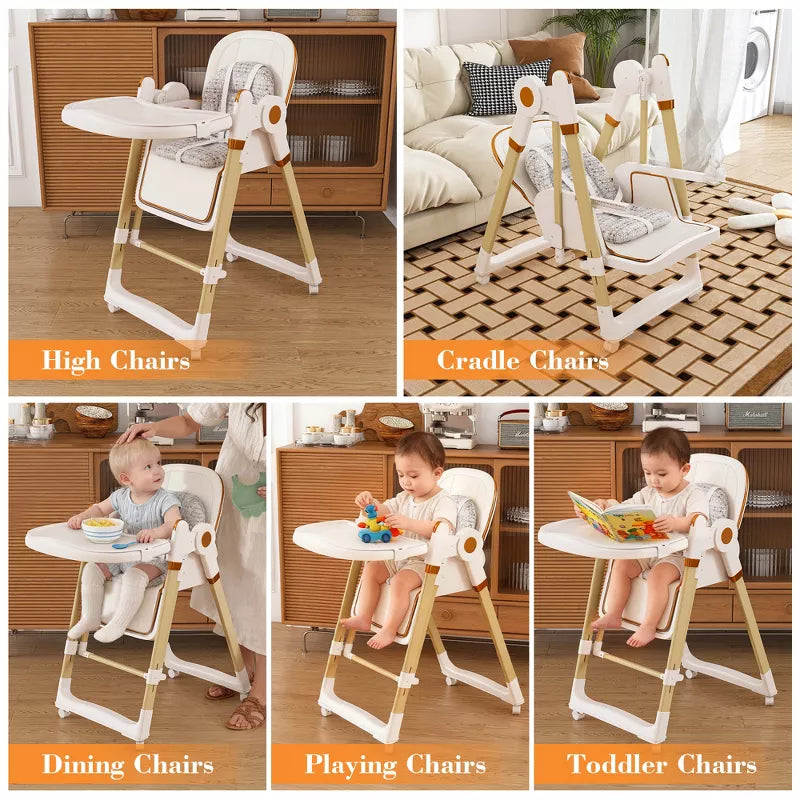 Convertible Baby High Chair and Rocker with Foldable Frame and Locking Wheels