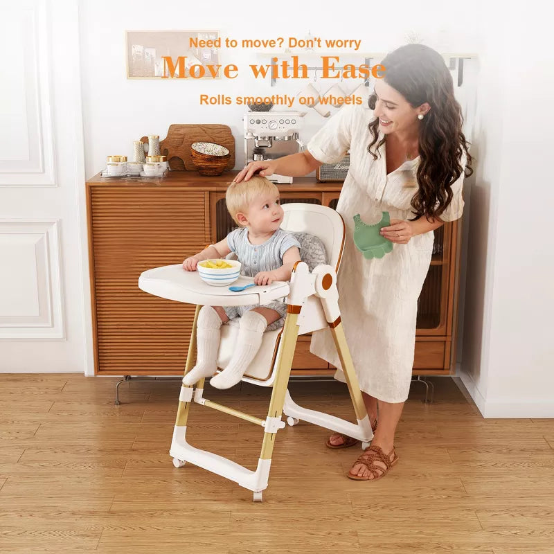 Convertible Baby High Chair and Rocker with Foldable Frame and Locking Wheels