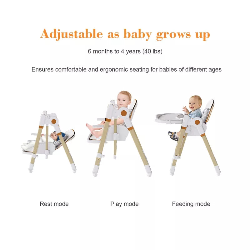 Convertible Baby High Chair and Rocker with Foldable Frame and Locking Wheels
