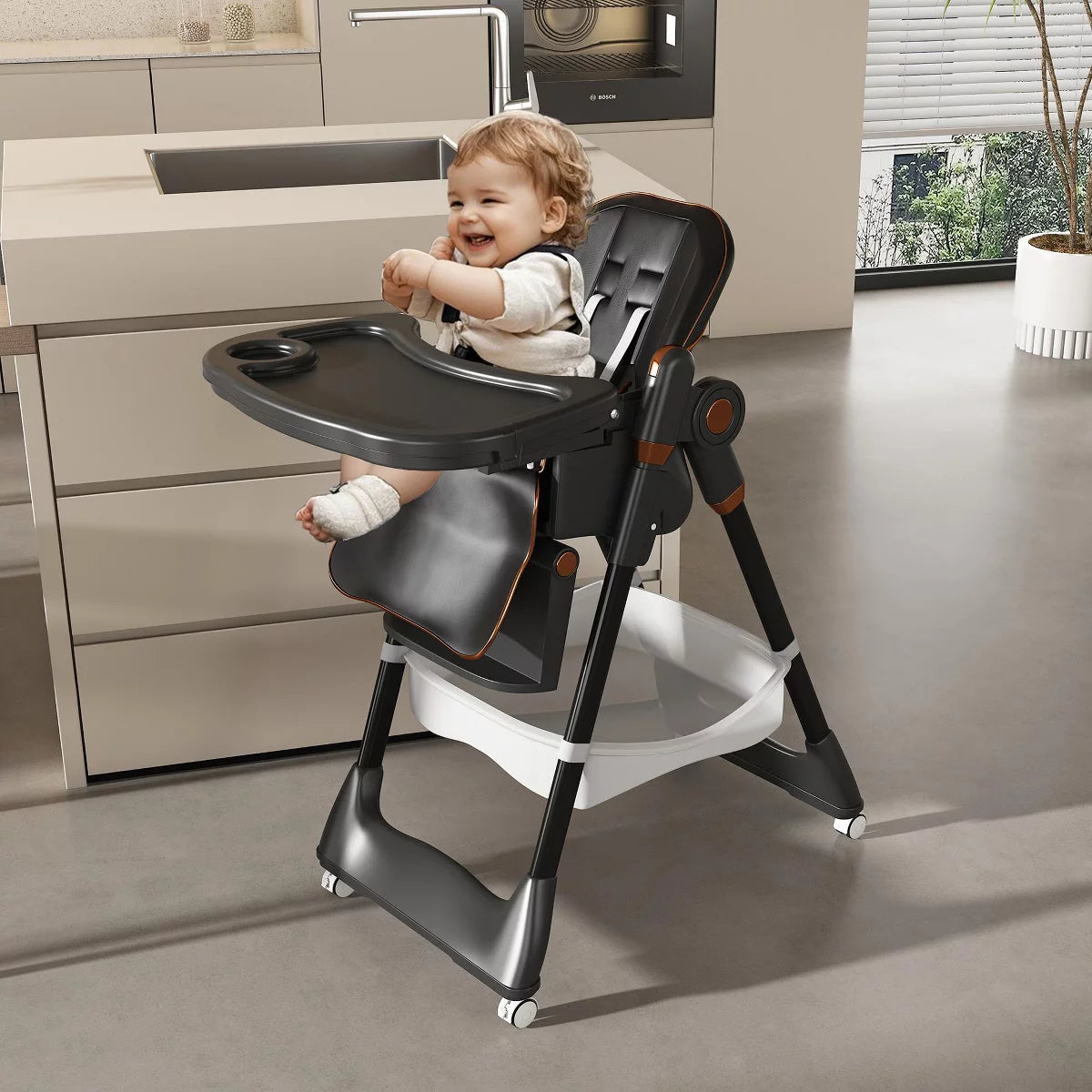 Portable Adjustable Baby High Chair with Foldable Design & Lock Wheels