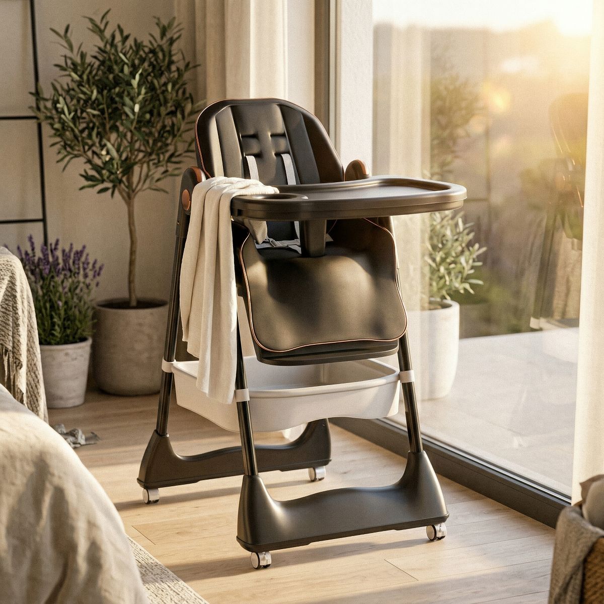 Portable Adjustable Baby High Chair with Foldable Design & Lock Wheels