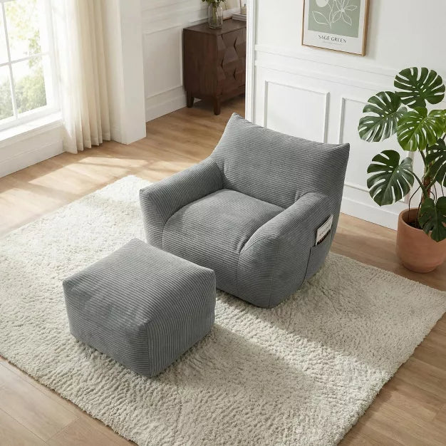 Bean Bag Chair with Ottoman, Corduroy Floor Lounge Sofa for Living Room & Bedroom