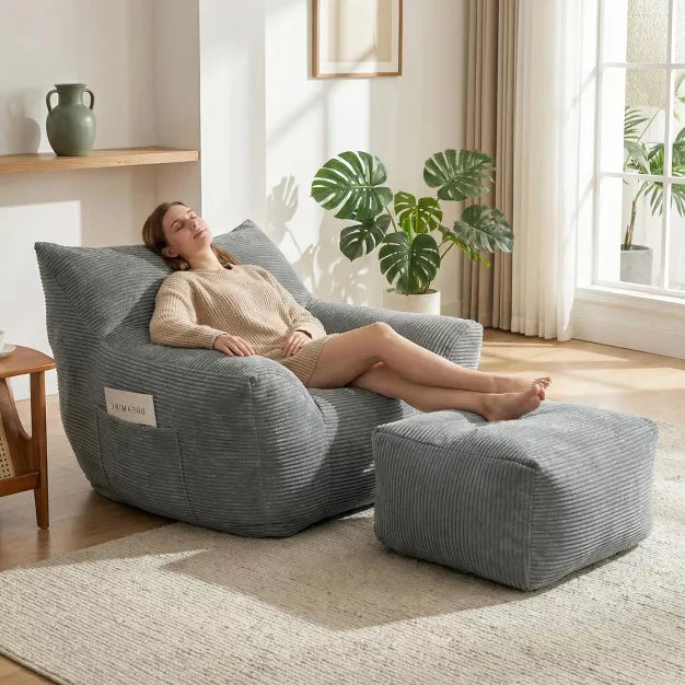 Bean Bag Chair with Ottoman, Corduroy Floor Lounge Sofa for Living Room & Bedroom