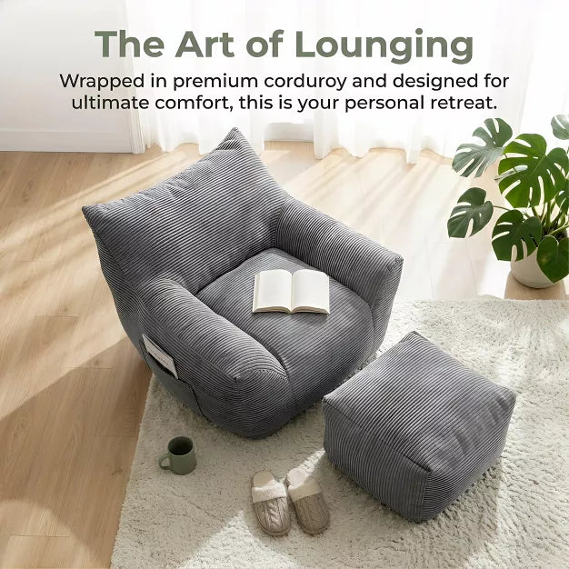 Bean Bag Chair with Ottoman, Corduroy Floor Lounge Sofa for Living Room & Bedroom
