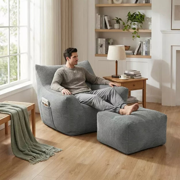 Bean Bag Chair with Ottoman, Corduroy Floor Lounge Sofa for Living Room & Bedroom