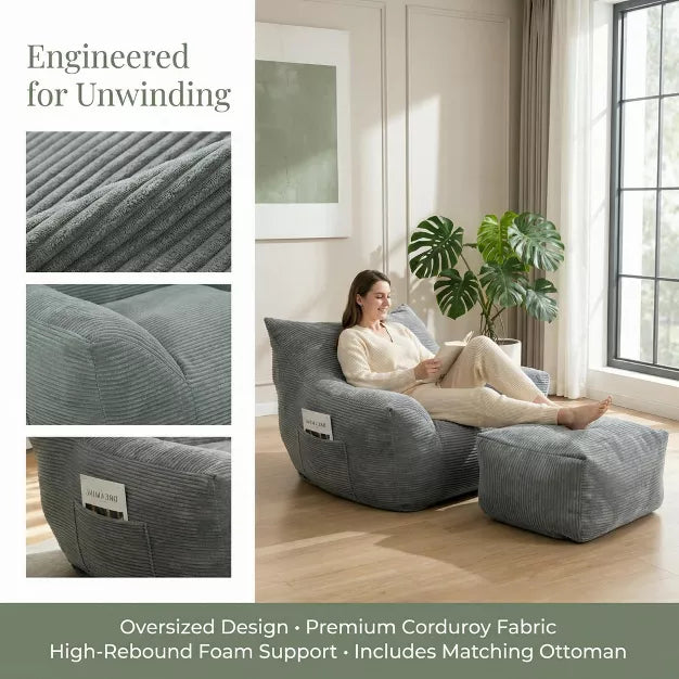 Bean Bag Chair with Ottoman, Corduroy Floor Lounge Sofa for Living Room & Bedroom
