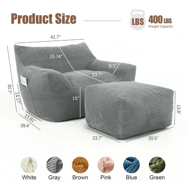 Bean Bag Chair with Ottoman, Corduroy Floor Lounge Sofa for Living Room & Bedroom