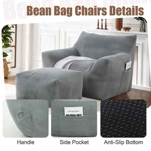 Bean Bag Chair with Ottoman, Corduroy Floor Lounge Sofa for Living Room & Bedroom