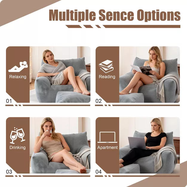 Bean Bag Chair with Ottoman, Corduroy Floor Lounge Sofa for Living Room & Bedroom