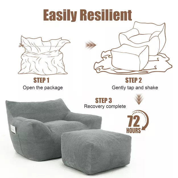 Bean Bag Chair with Ottoman, Corduroy Floor Lounge Sofa for Living Room & Bedroom