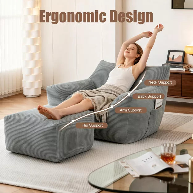 Bean Bag Chair with Ottoman, Corduroy Floor Lounge Sofa for Living Room & Bedroom
