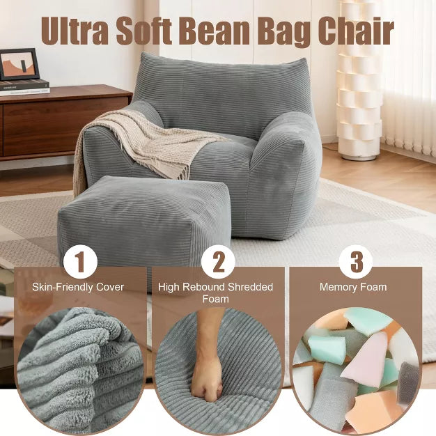 Bean Bag Chair with Ottoman, Corduroy Floor Lounge Sofa for Living Room & Bedroom