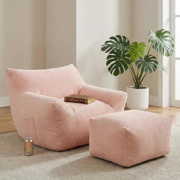 Bean Bag Chair with Ottoman, Corduroy Floor Lounge Sofa for Living Room & Bedroom