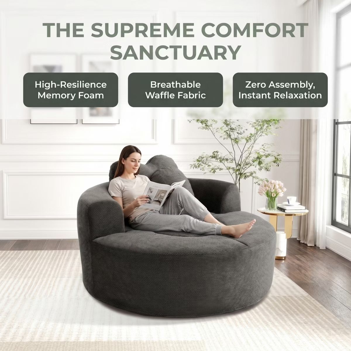 Cloud Sofa Bed with Memory Foam, Waffle Fabric & 2 Accent Pillows