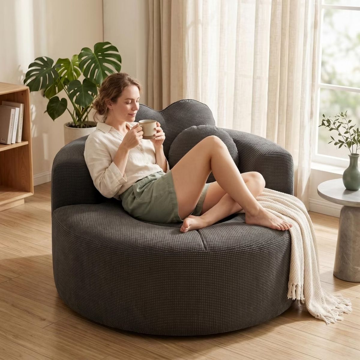 Cloud Sofa Bed with Memory Foam, Waffle Fabric & 2 Accent Pillows