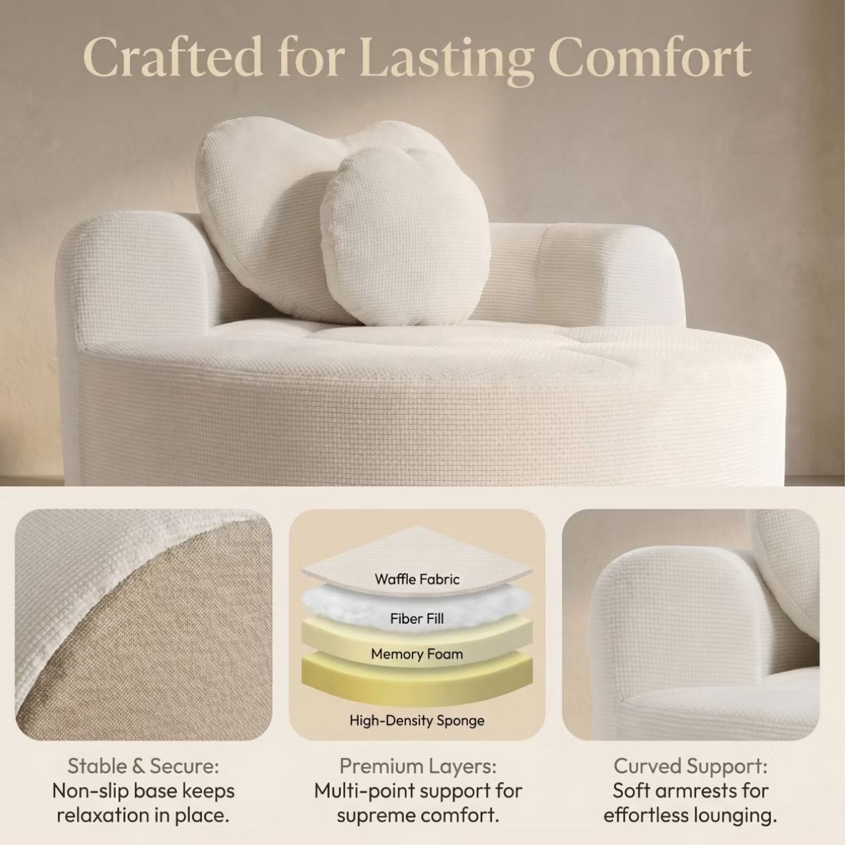 Cloud Sofa Bed with Memory Foam, Waffle Fabric & 2 Accent Pillows