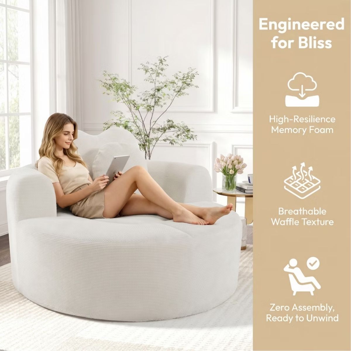 Cloud Sofa Bed with Memory Foam, Waffle Fabric & 2 Accent Pillows