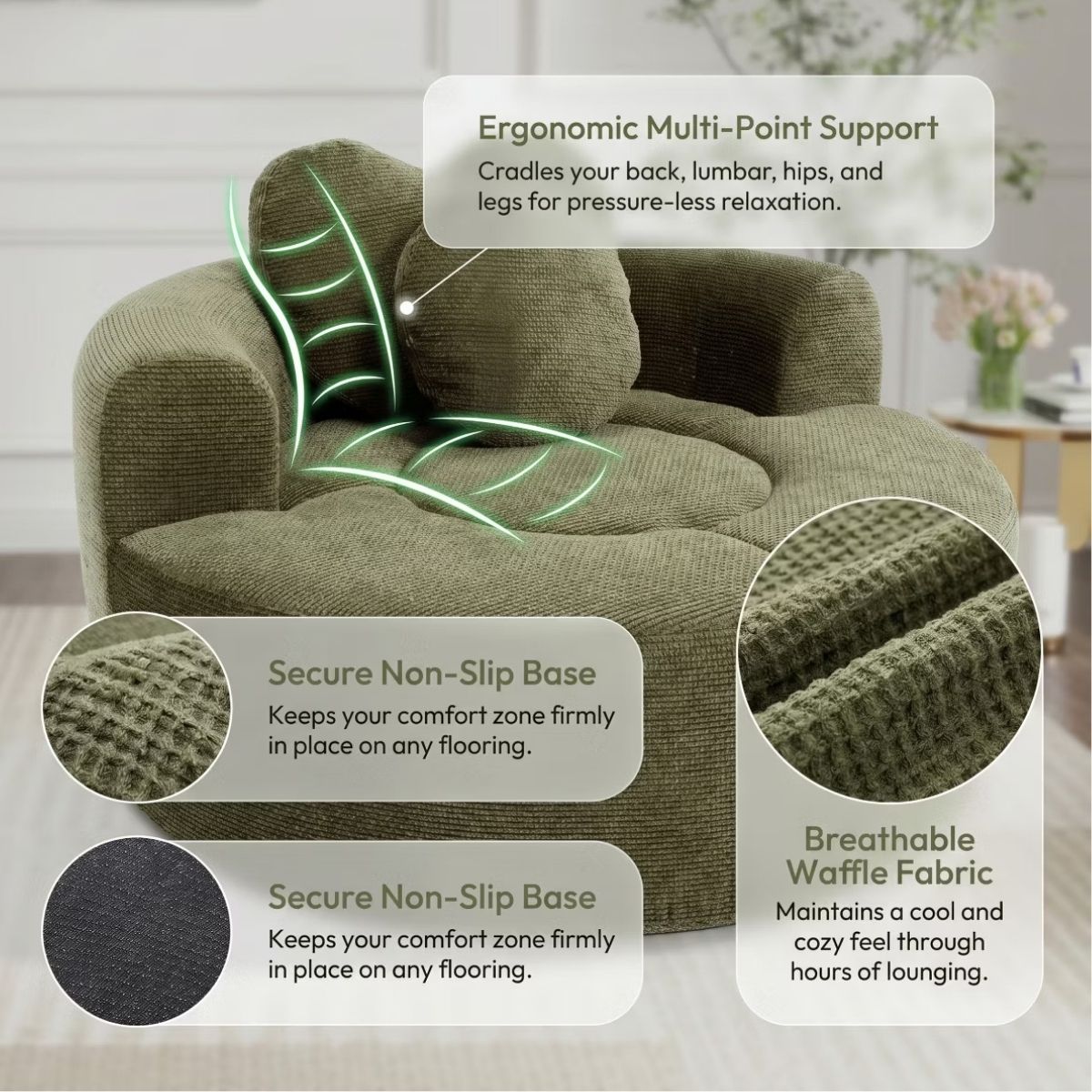 Cloud Sofa Bed with Memory Foam, Waffle Fabric & 2 Accent Pillows