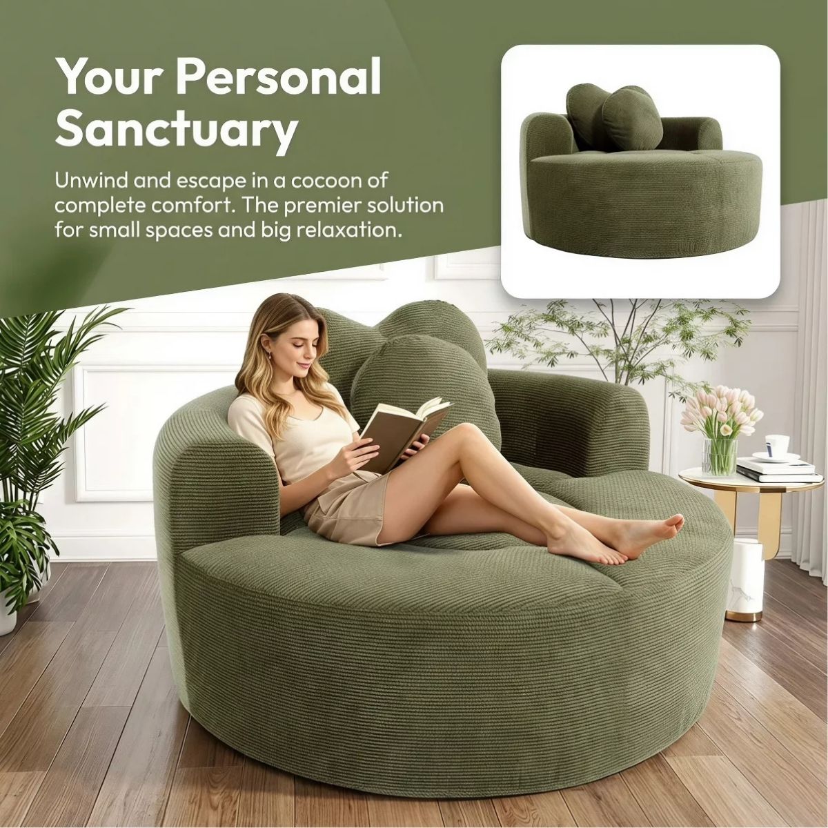 Cloud Sofa Bed with Memory Foam, Waffle Fabric & 2 Accent Pillows