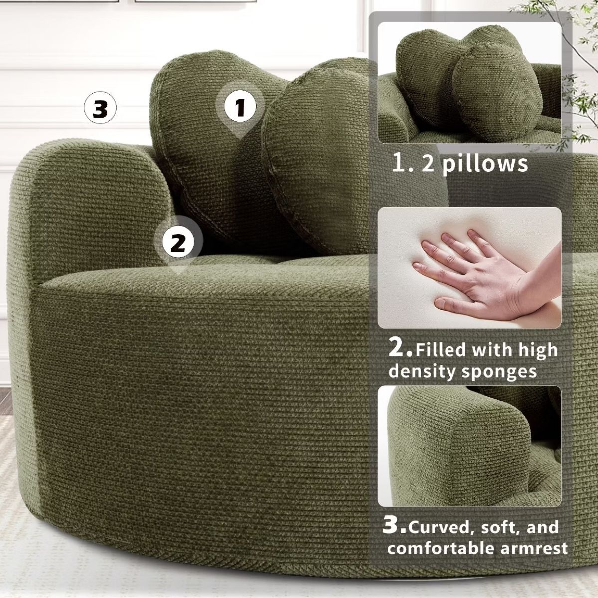 Cloud Sofa Bed with Memory Foam, Waffle Fabric & 2 Accent Pillows