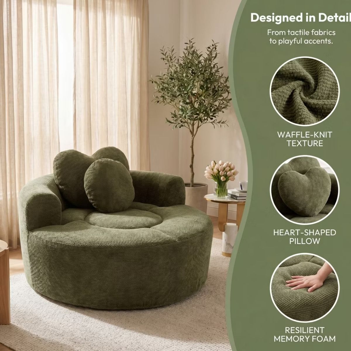 Cloud Sofa Bed with Memory Foam, Waffle Fabric & 2 Accent Pillows