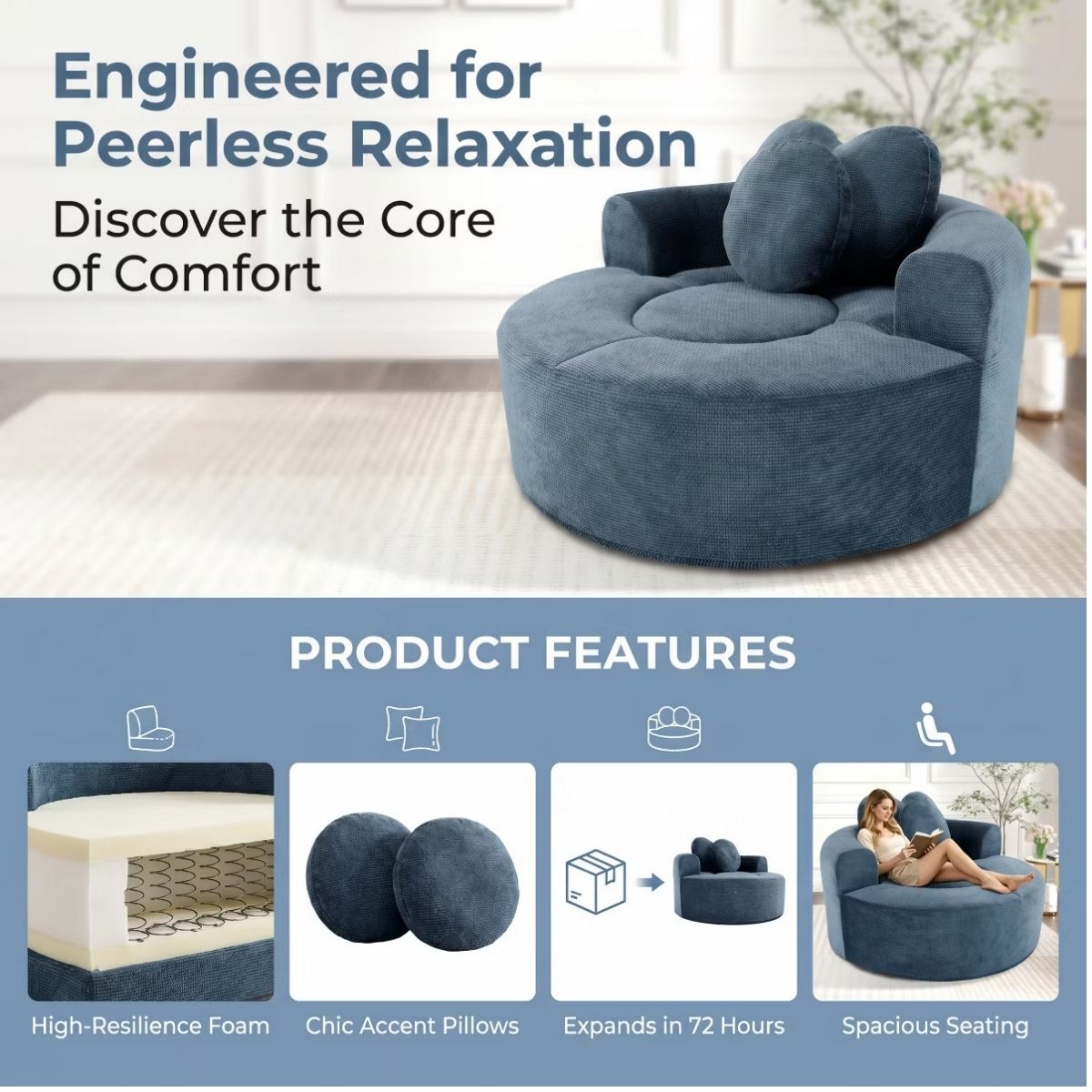 Cloud Sofa Bed with Memory Foam, Waffle Fabric & 2 Accent Pillows