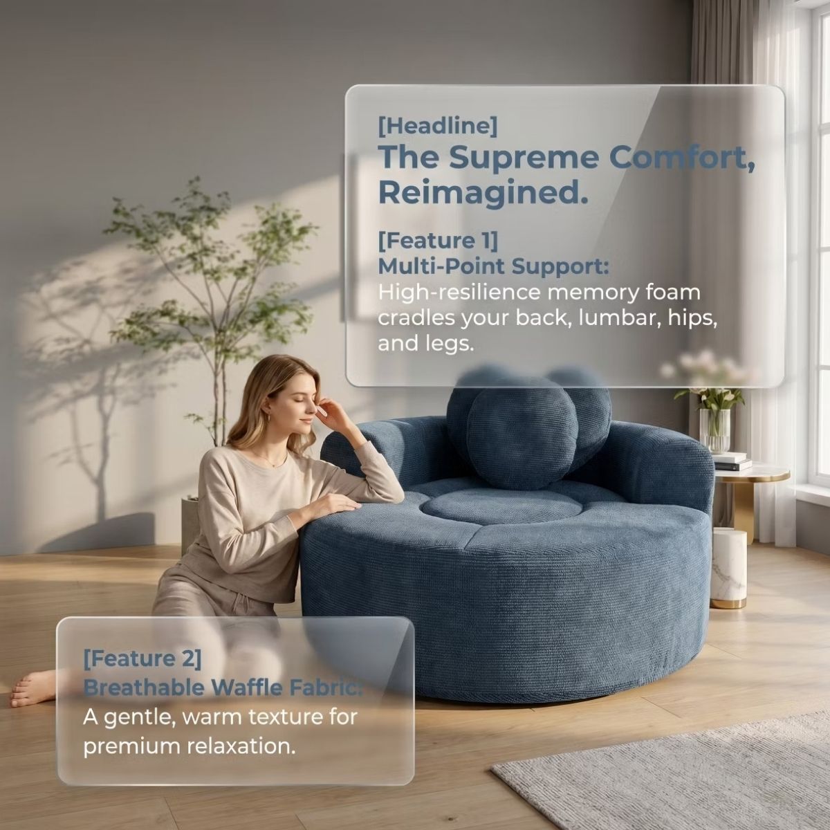 Cloud Sofa Bed with Memory Foam, Waffle Fabric & 2 Accent Pillows