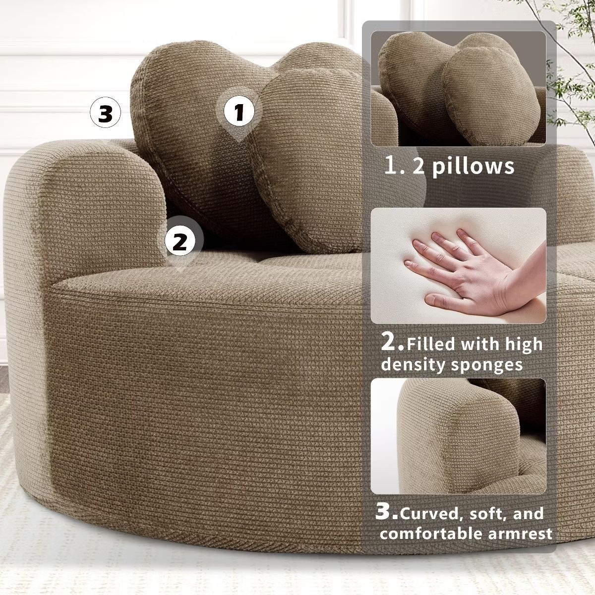 Cloud Sofa Bed with Memory Foam, Waffle Fabric & 2 Accent Pillows