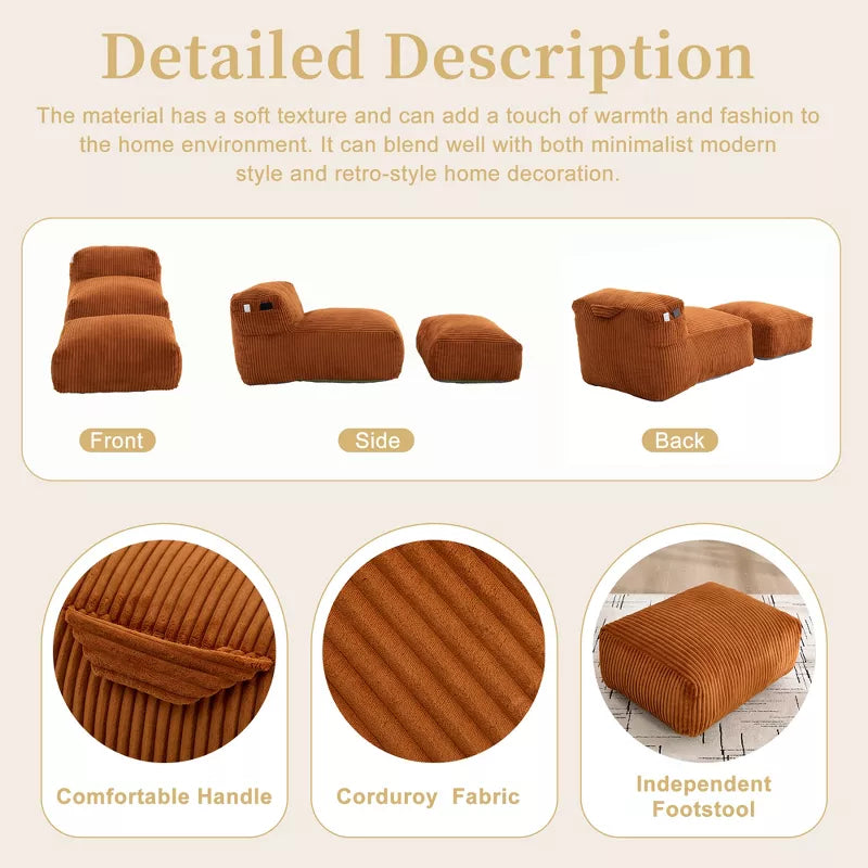 Bean Bag Chair for Adults, Memory Foam Sofa with Ottoman, Corduroy Lounger for Living Room Bedroom Balcony