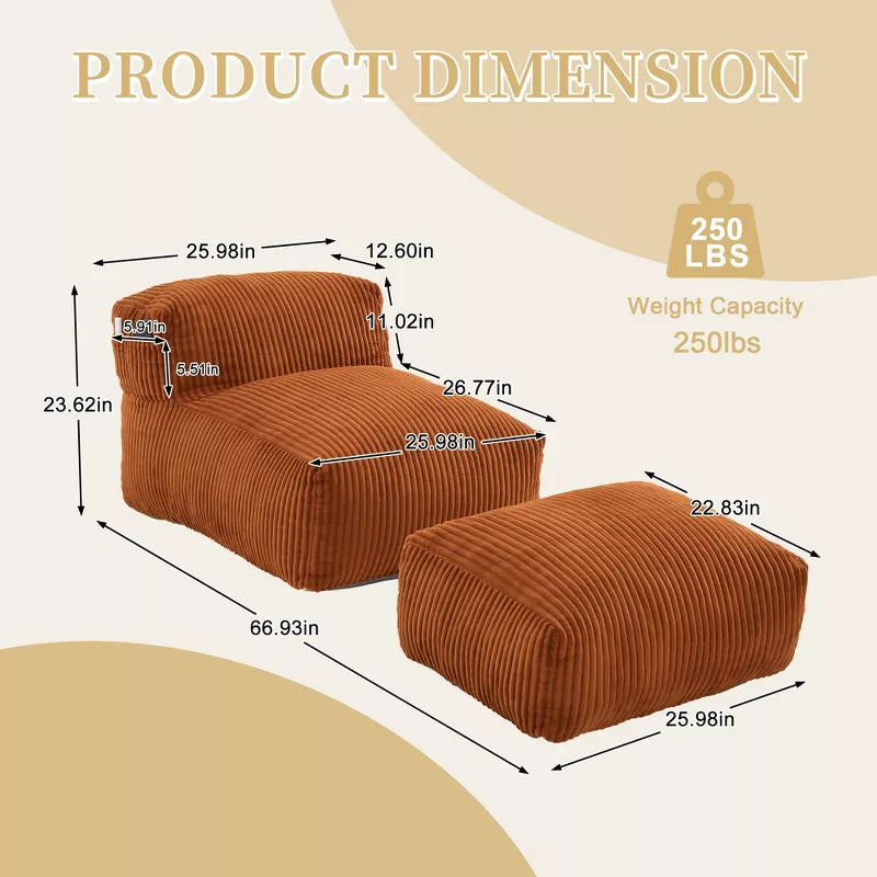 Bean Bag Chair for Adults, Memory Foam Sofa with Ottoman, Corduroy Lounger for Living Room Bedroom Balcony