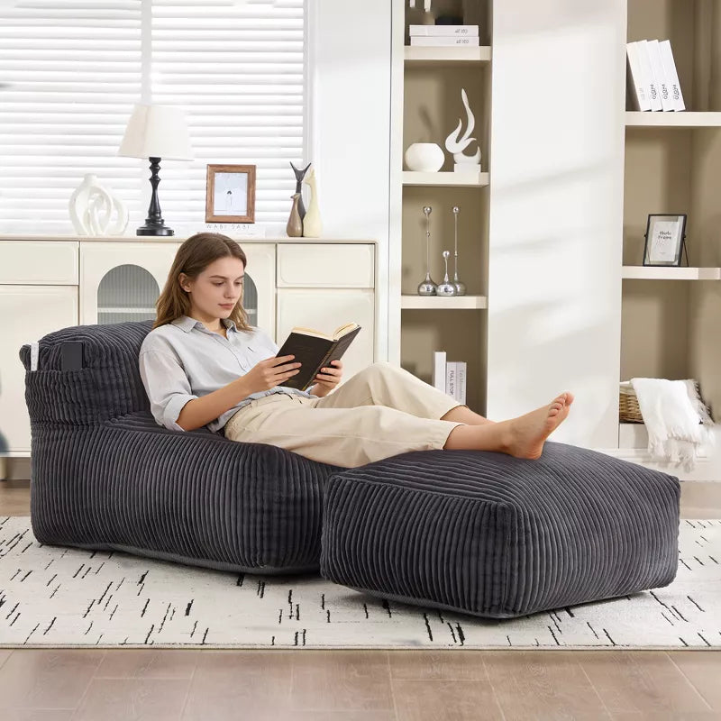 Bean Bag Chair for Adults, Memory Foam Sofa with Ottoman, Corduroy Lounger for Living Room Bedroom Balcony