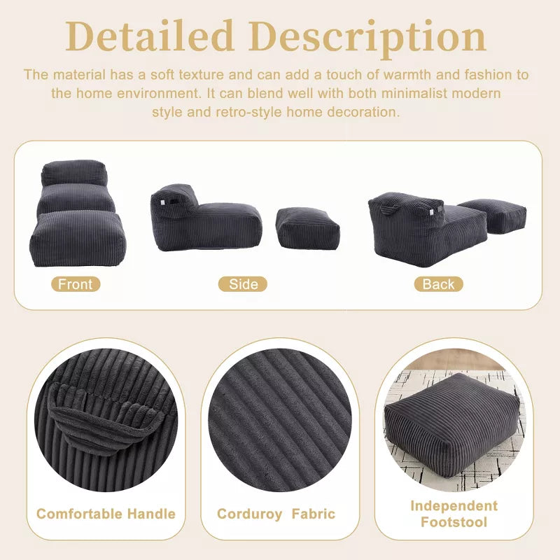 Bean Bag Chair for Adults, Memory Foam Sofa with Ottoman, Corduroy Lounger for Living Room Bedroom Balcony