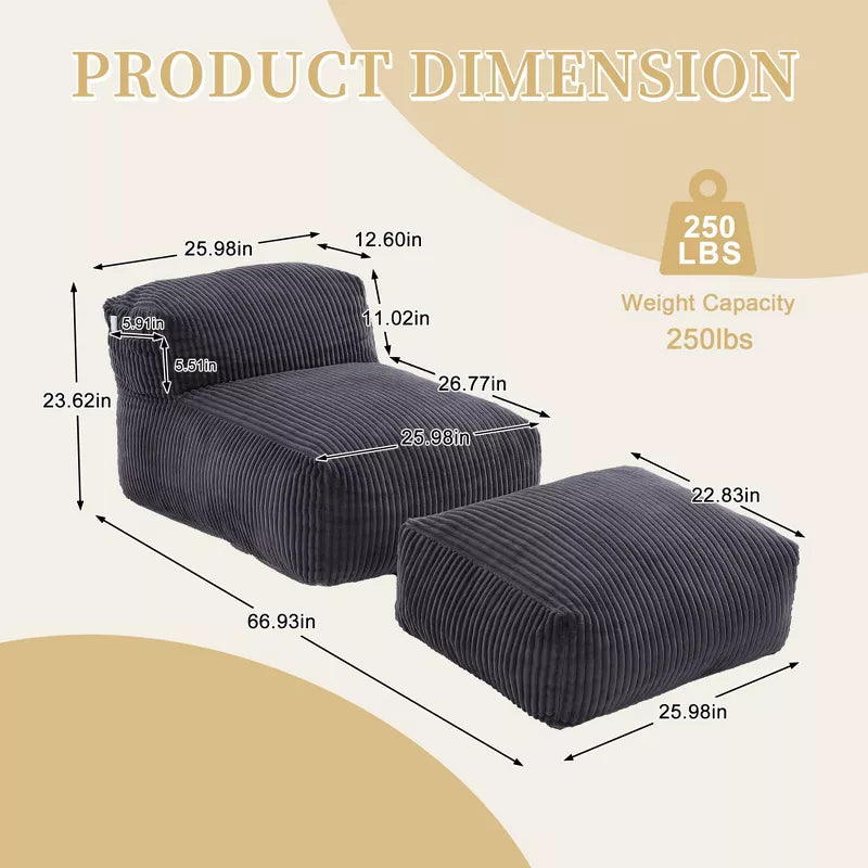 Bean Bag Chair for Adults, Memory Foam Sofa with Ottoman, Corduroy Lounger for Living Room Bedroom Balcony