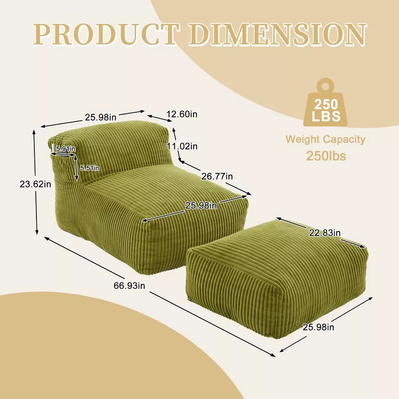 Bean Bag Chair for Adults, Memory Foam Sofa with Ottoman, Corduroy Lounger for Living Room Bedroom Balcony