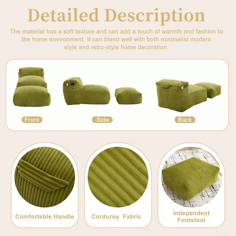 Bean Bag Chair for Adults, Memory Foam Sofa with Ottoman, Corduroy Lounger for Living Room Bedroom Balcony