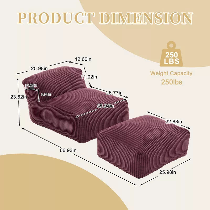 Bean Bag Chair for Adults, Memory Foam Sofa with Ottoman, Corduroy Lounger for Living Room Bedroom Balcony