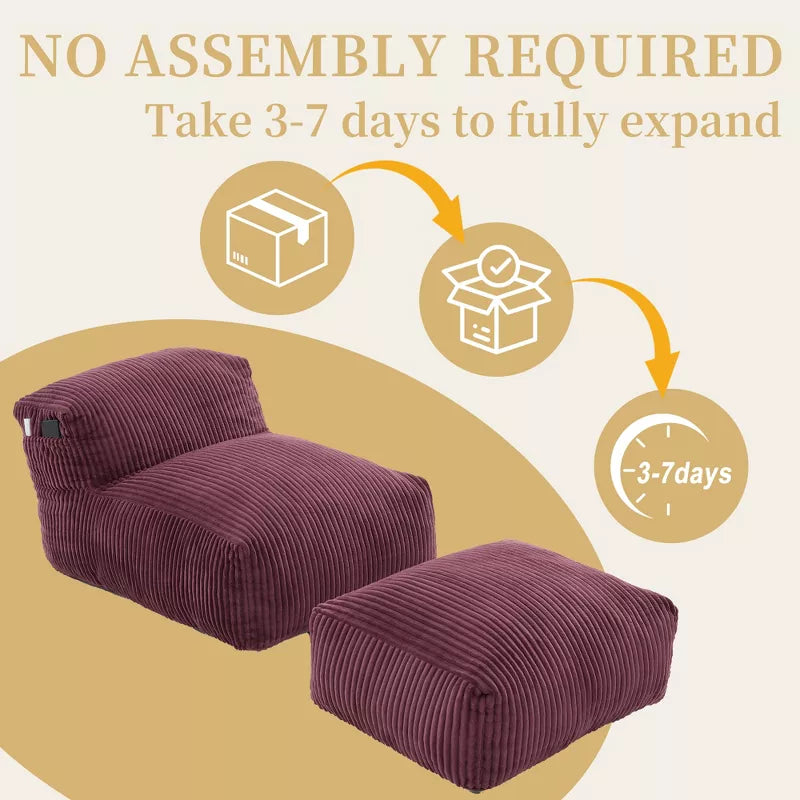 Bean Bag Chair for Adults, Memory Foam Sofa with Ottoman, Corduroy Lounger for Living Room Bedroom Balcony