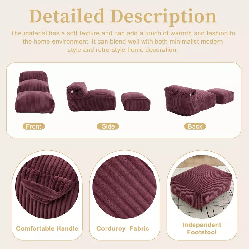 Bean Bag Chair for Adults, Memory Foam Sofa with Ottoman, Corduroy Lounger for Living Room Bedroom Balcony