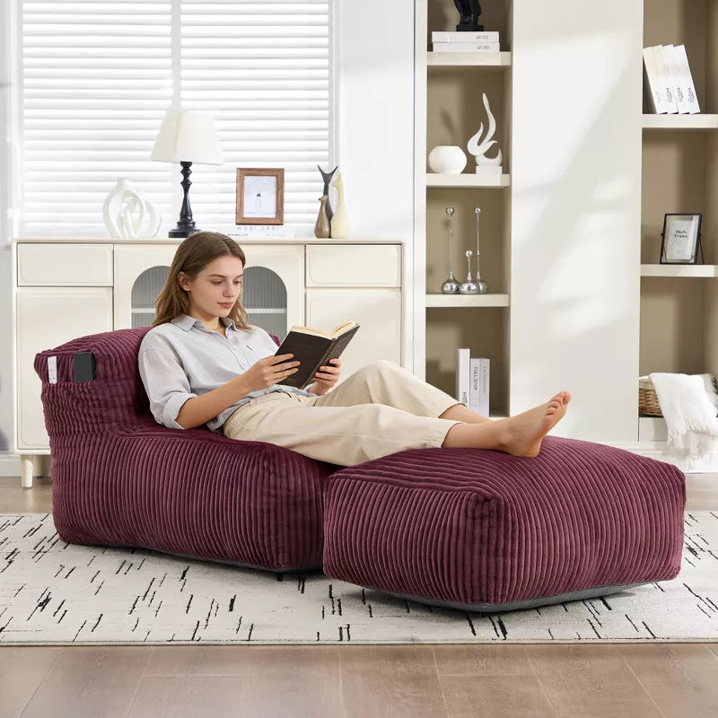 Bean Bag Chair for Adults, Memory Foam Sofa with Ottoman, Corduroy Lounger for Living Room Bedroom Balcony
