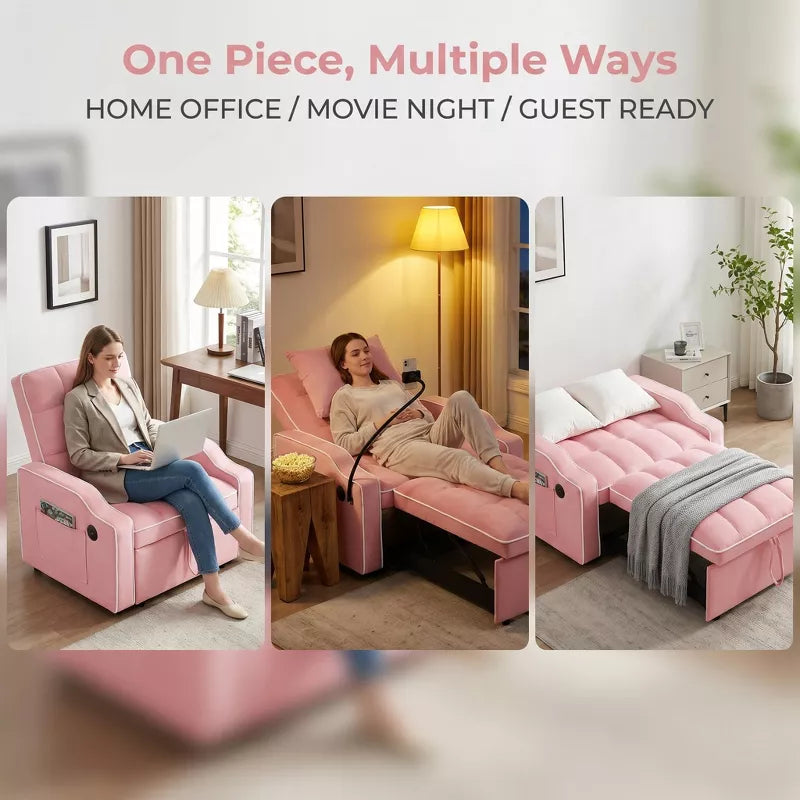 3-in-1 Convertible Sleeper Chair Bed with USB Ports & Phone Holder