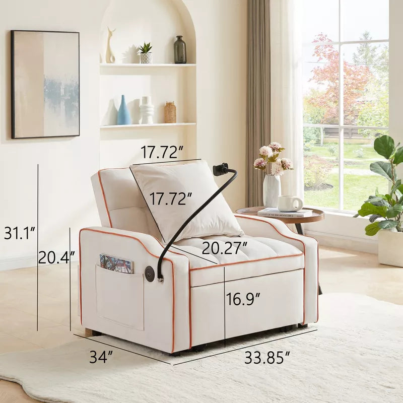 3-in-1 Convertible Sleeper Chair Bed with USB Ports & Phone Holder