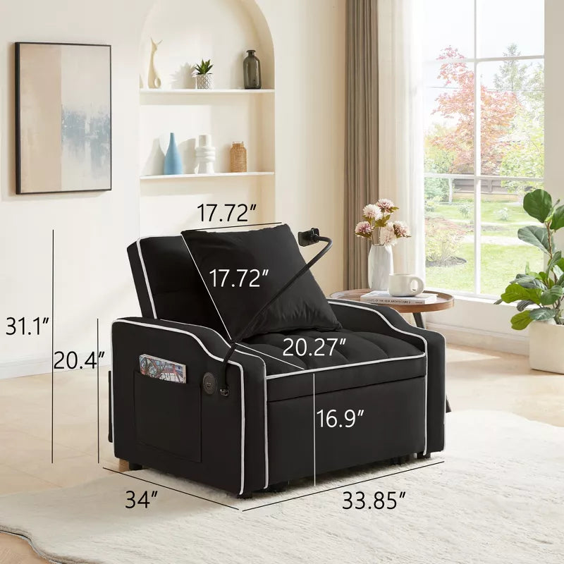 3-in-1 Convertible Sleeper Chair Bed with USB Ports & Phone Holder