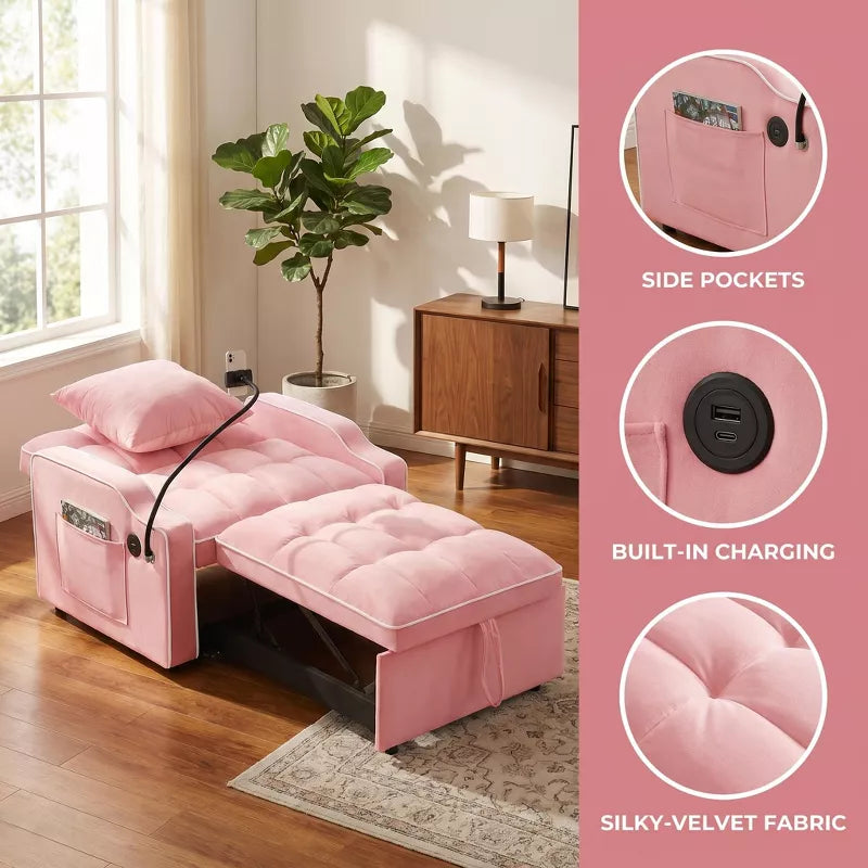 3-in-1 Convertible Sleeper Chair Bed with USB Ports & Phone Holder