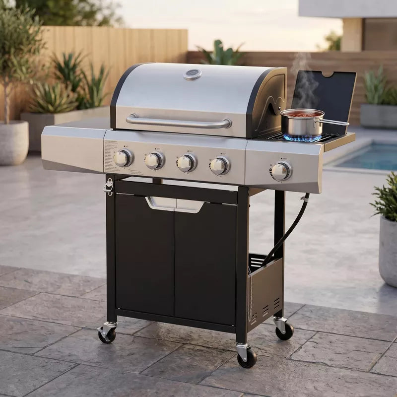 4-Burner Propane Gas Grill with Side Burner, 51,000 BTU Stainless Steel BBQ Grill for Patio & Backyard