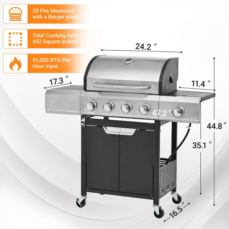 4-Burner Propane Gas Grill with Side Burner, 51,000 BTU Stainless Steel BBQ Grill for Patio & Backyard